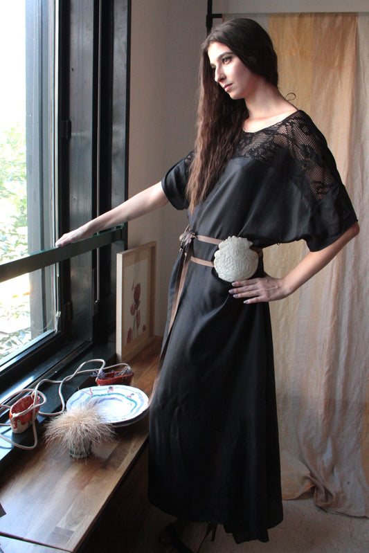 Long Black Silk Dress with “Winged Lion” Ornament