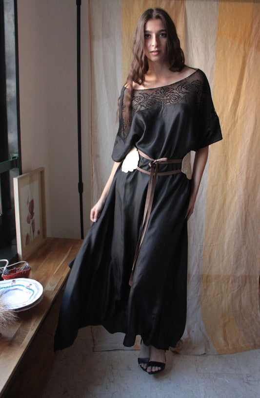 Long Black Silk Dress with “Venetian Birds” Ornament