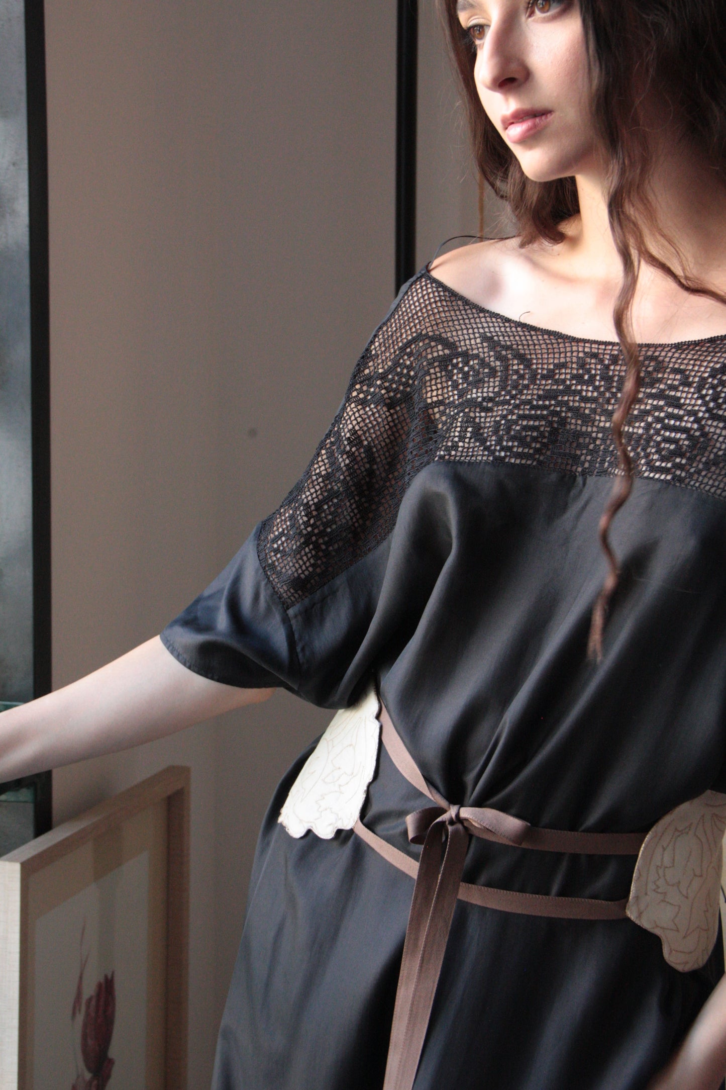 Long Black Silk Dress with “Venetian Birds” Ornament