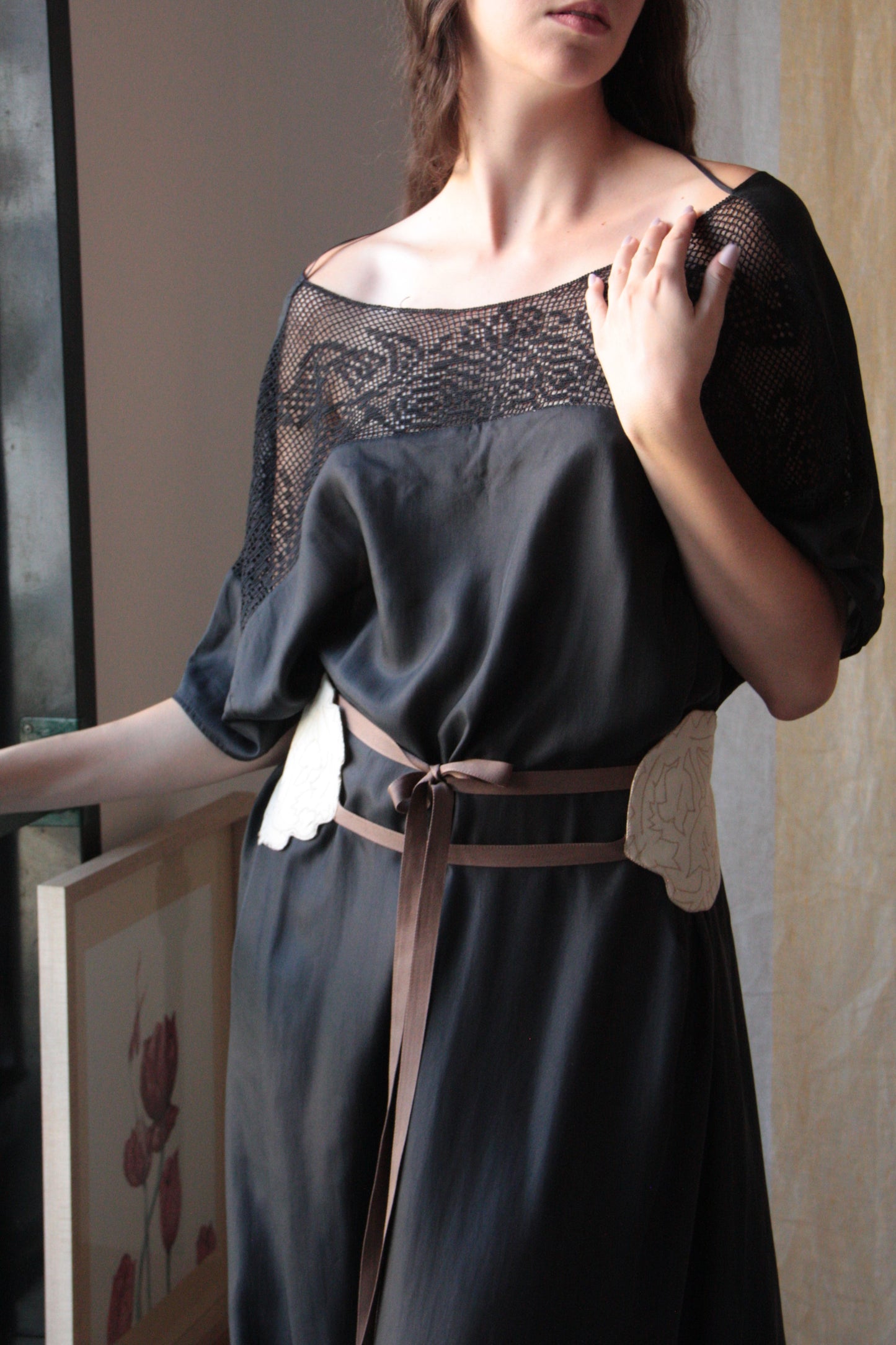 Long Black Silk Dress with “Venetian Birds” Ornament