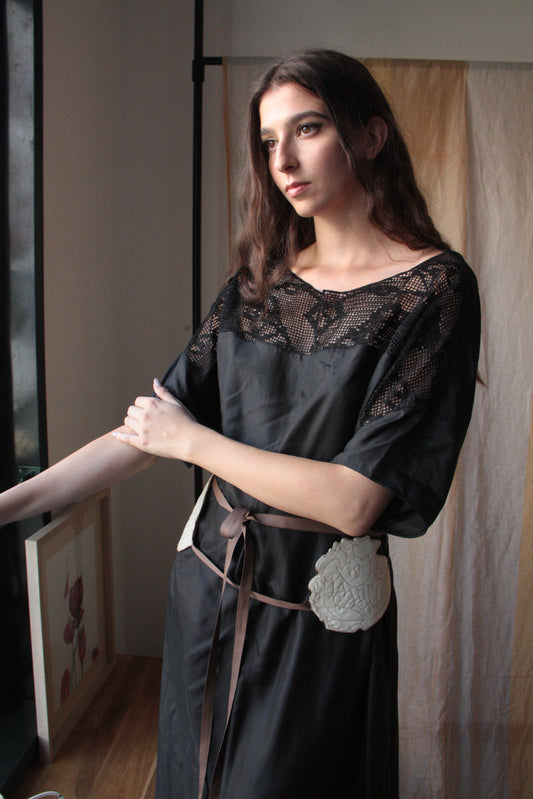 Long Black Silk Dress with “Winged Lion” Ornament