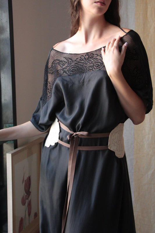 Long Black Silk Dress with “Venetian Birds” Ornament
